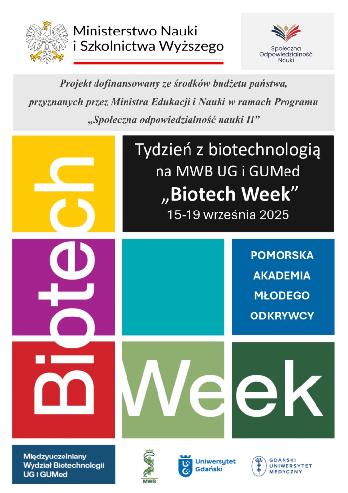 Grafika promująca Biotech Week 2025 – tydzień z biotechnologią na MWB UG i GUMed, 15–19 września 2025.