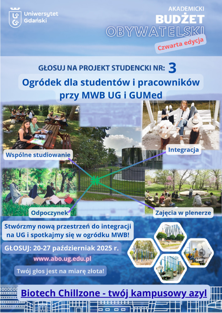 Plakat promujący głosowanie na ogródek dla studentów i pracowników MWB UG i GUMed numer 3