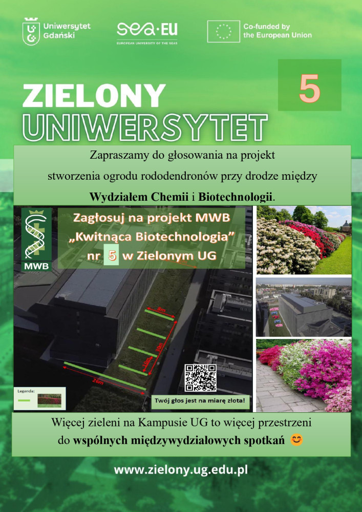 Plakat promujący głosowanie na Kwitnącą Biotechnologię, czyli nasadzenia kwiatów za budynkiem MWB UG i GUMed numer 5