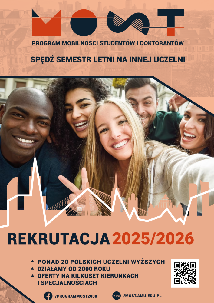 Plakat przedstawiający logo MOST, uśmiechniętych studentów, kod QR i hasła