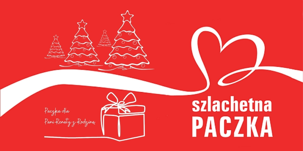 biała choinka na czerwonym tle i napis szlachetna paczka