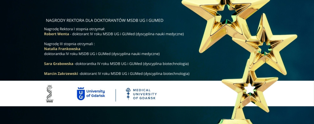 Informacja o przyznanych nagrodach Rektora, w tle statuetka