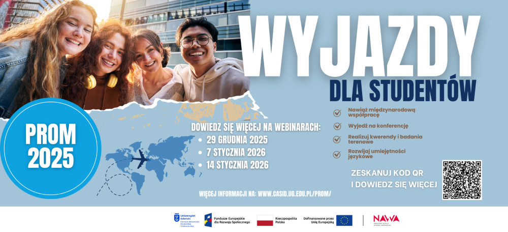 Plakat z informacją o wyjazdach dla studentów w ramach programu PROM 2025