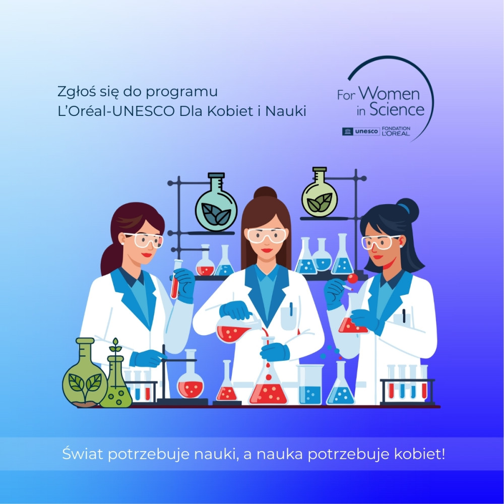 ilustrucja z trzema badaczkami i z tyłu logotyp Loreal